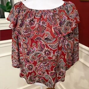 CeCe Paisley Off-Shoulder Ruffled  Blouse - Multicolored. Size small.